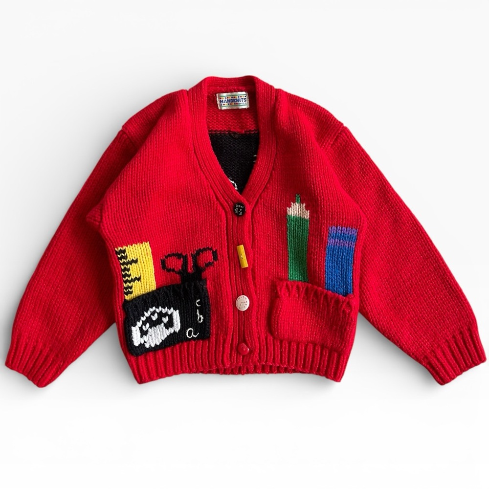 Vintage Handknits By BJ 80s School Theme Girls Cardigan Sweater Girls 5-6